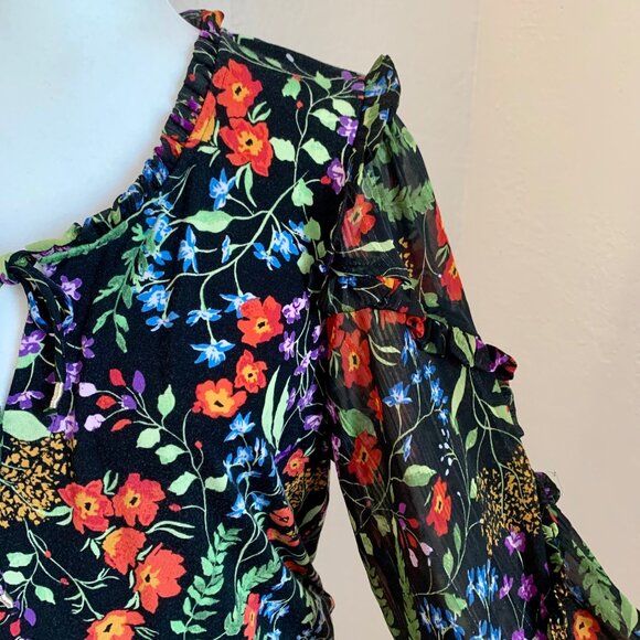 ANTHROPOLOGIE Maeve Jacquin Peasant Blouse Black Floral Ruffle Sleeve Blouse L - Picture 4 of 11